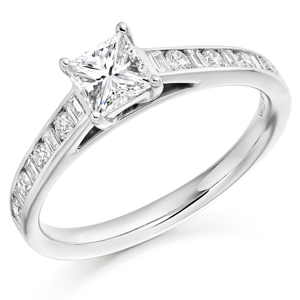 Image of White Gold Princess Cut Solitaire with Diamond Set Shoulders Engagement Ring