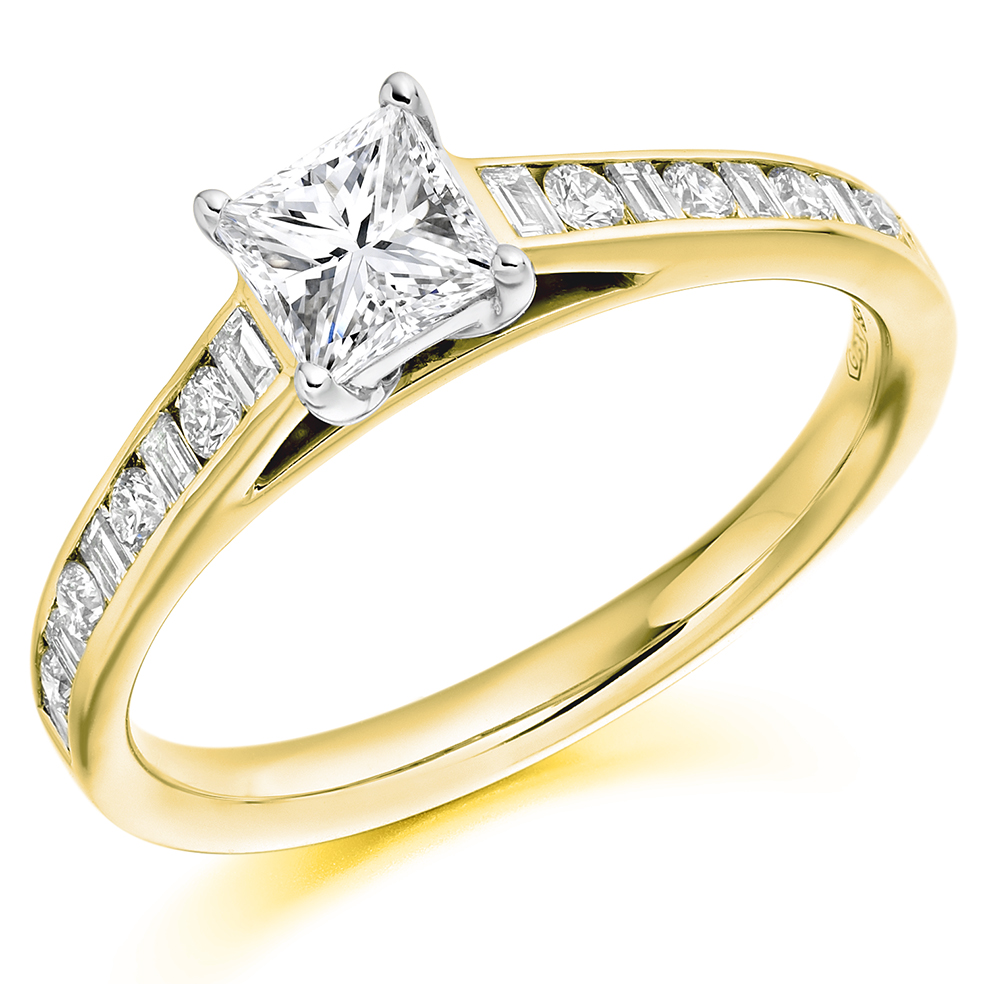 Image of Yellow Gold Princess Cut Solitaire with Diamond Set Shoulders Engagement Ring