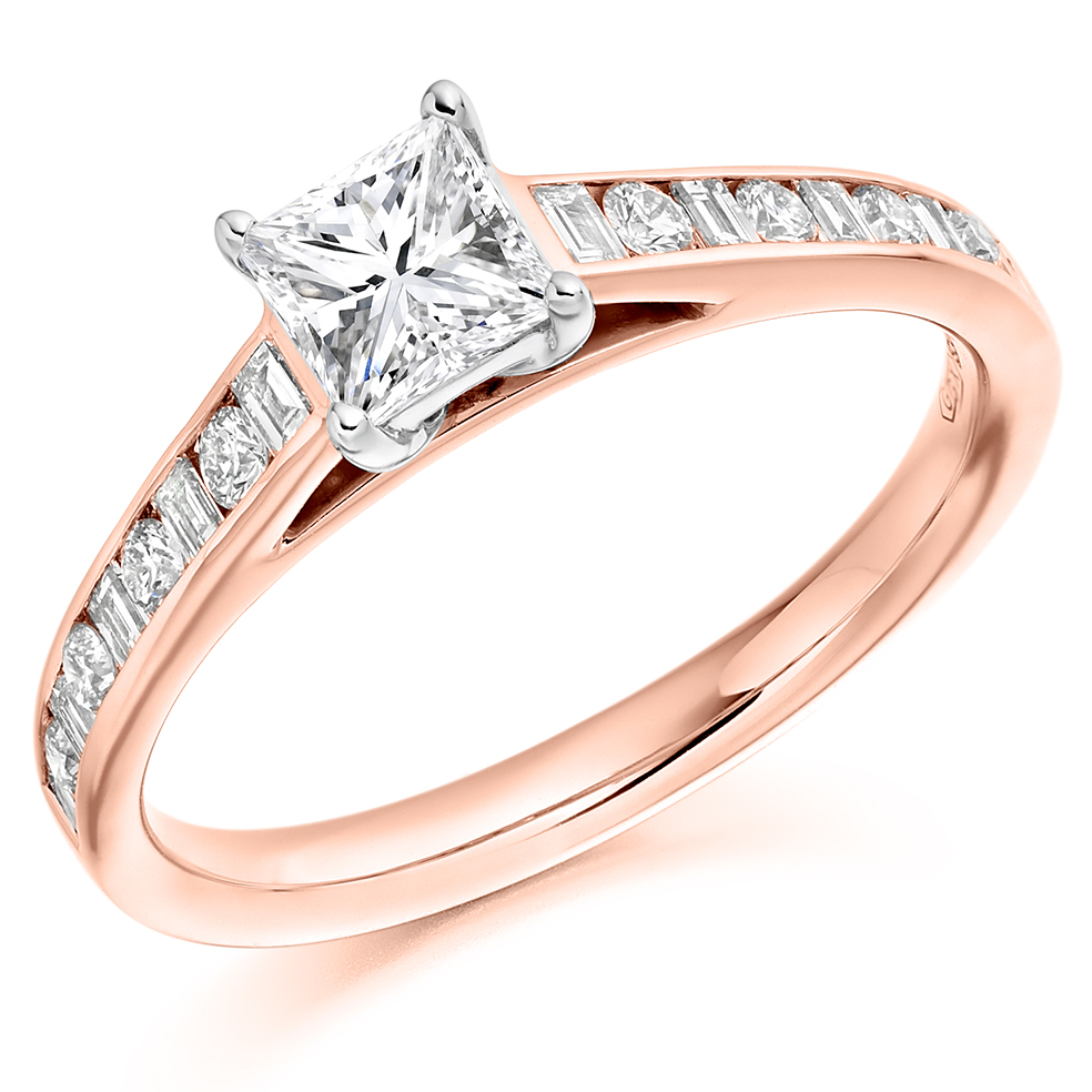 Image of Rose Gold Princess Cut Solitaire with Diamond Set Shoulders Engagement Ring