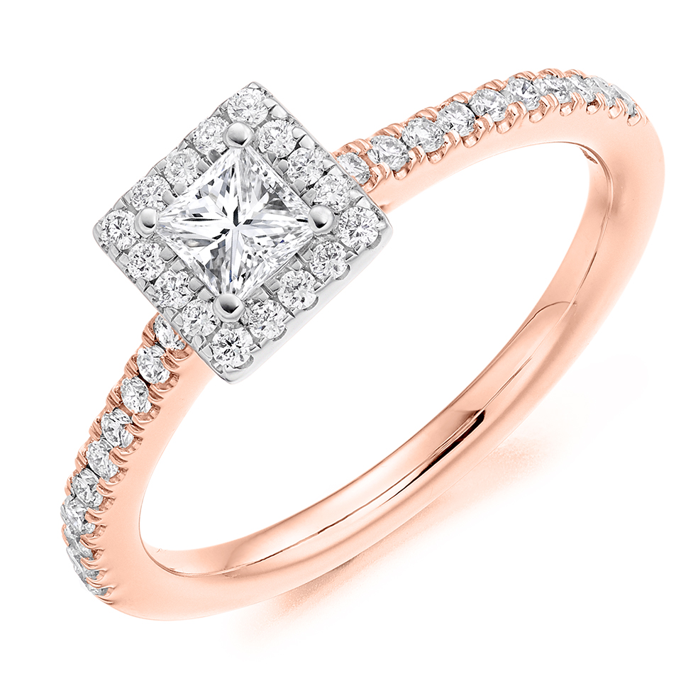 Princess Cut Halo with Diamond Set Shoulders Engagement Ring Image