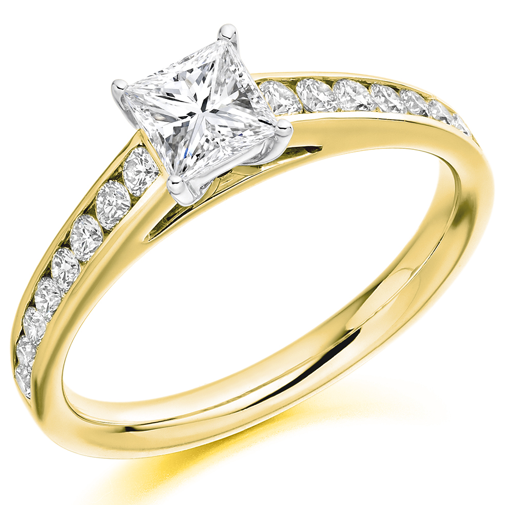 Image of Yellow Gold Princess Cut Solitaire with Diamond Set Shoulders Engagement Ring