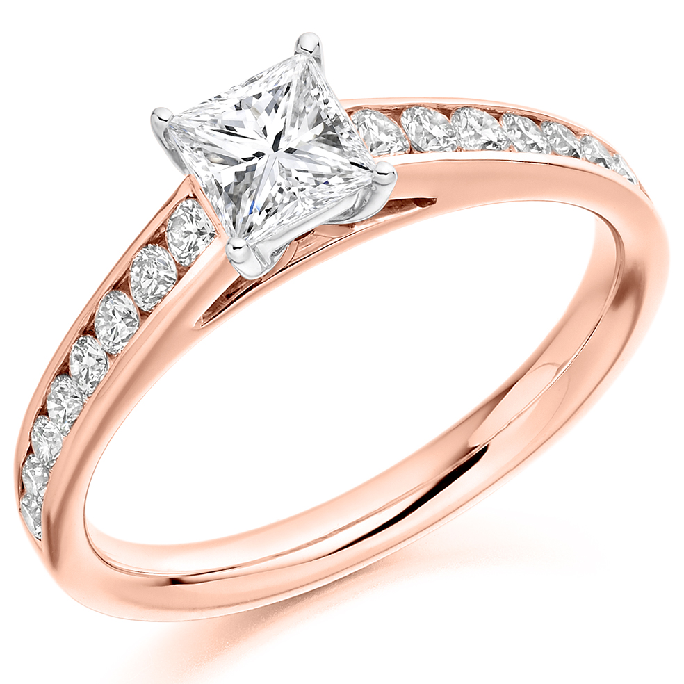 Image of Rose Gold Princess Cut Solitaire with Diamond Set Shoulders Engagement Ring