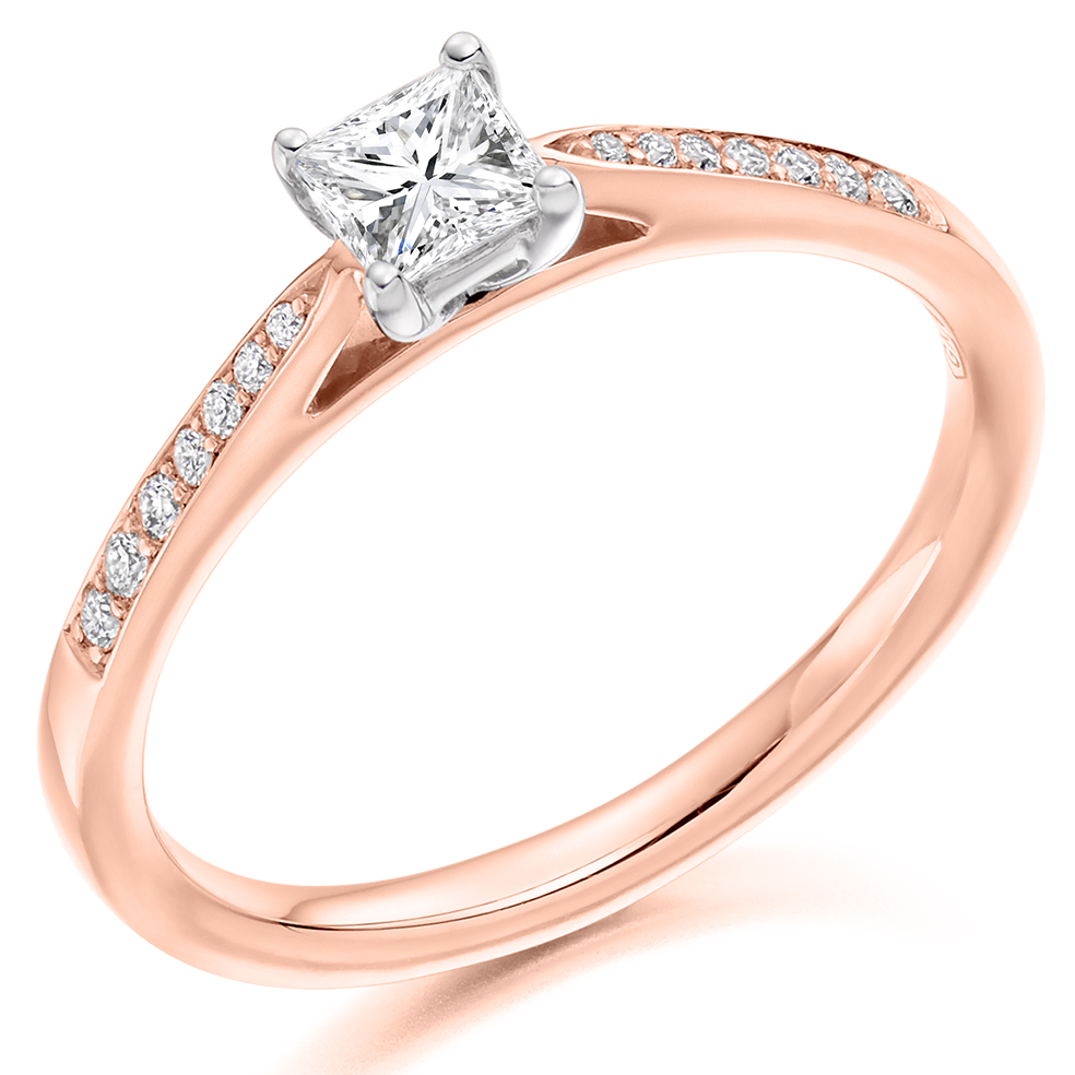 Image of Rose Gold Princess Cut Solitaire with Diamond Set Shoulders Engagement Ring