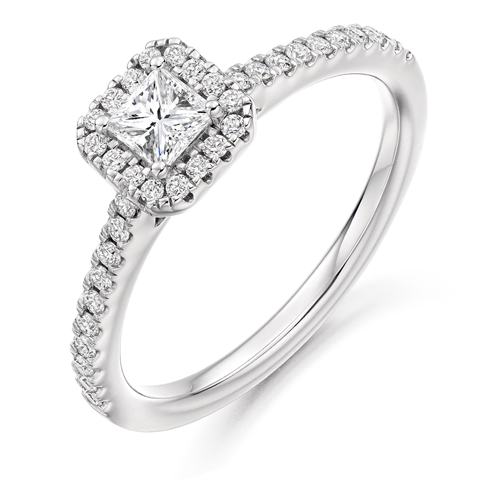 Image of White Gold Princess Cut Halo with Diamond Set Shoulders Engagement Ring