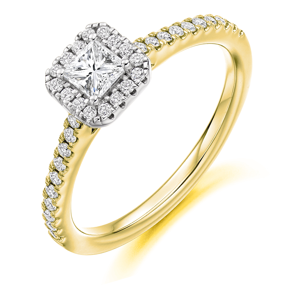 Image of Yellow Gold Princess Cut Halo with Diamond Set Shoulders Engagement Ring