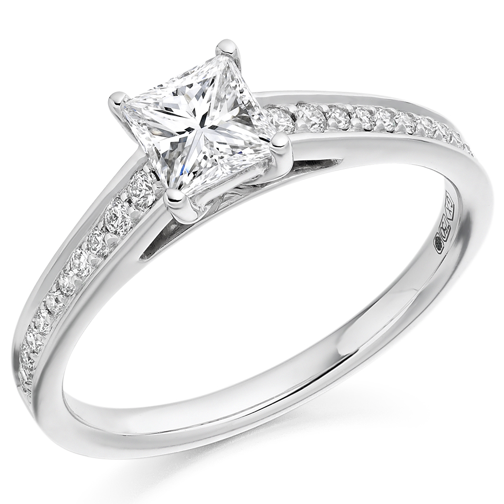 Image of White Gold Princess Cut Solitaire with Diamond Set Shoulders Engagement Ring
