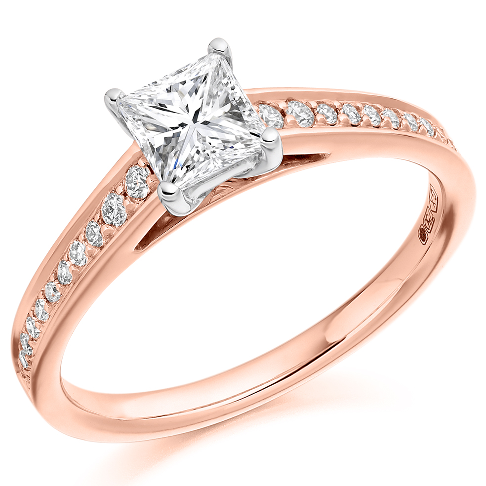 Image of Rose Gold Princess Cut Solitaire with Diamond Set Shoulders Engagement Ring