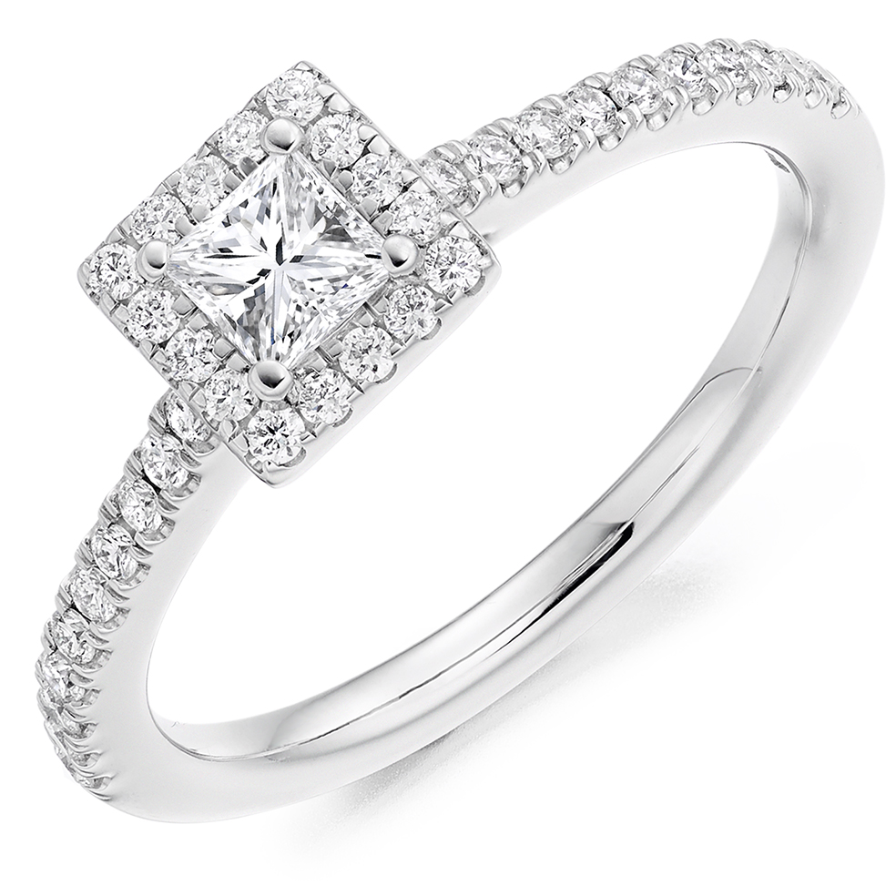 Image of White Gold Princess Cut Halo with Diamond Set Shoulders Engagement Ring