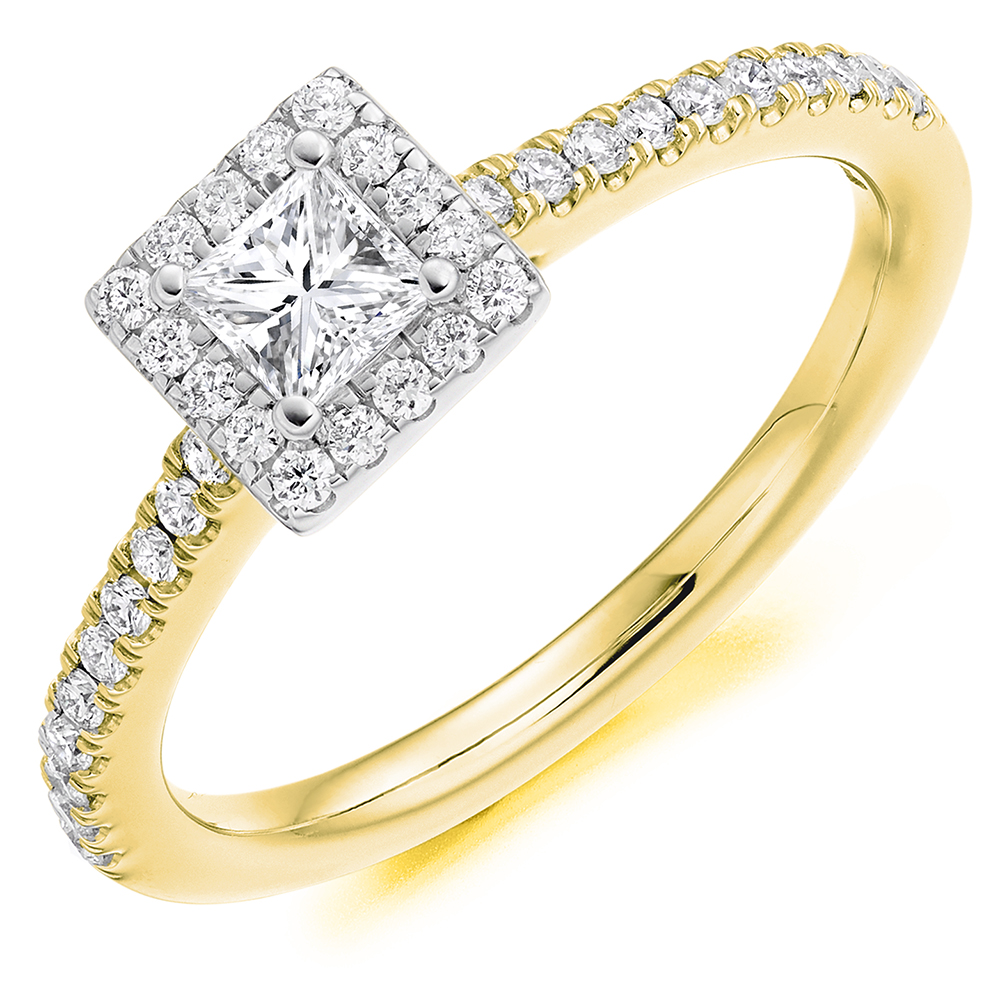 Image of Yellow Gold Princess Cut Halo with Diamond Set Shoulders Engagement Ring