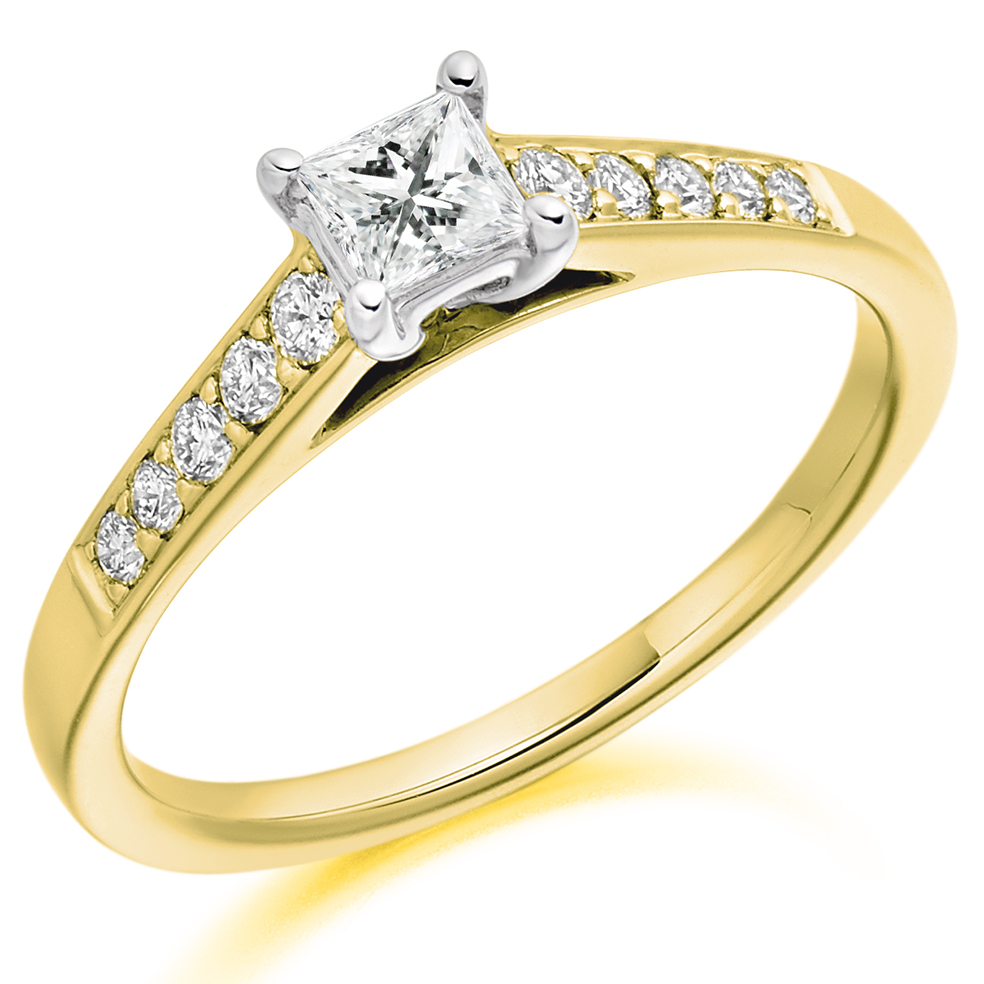 Image of Yellow Gold Princess Cut Solitaire with Diamond Set Shoulders Engagement Ring