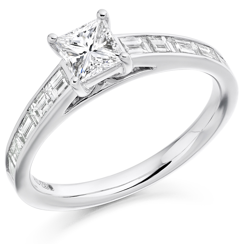 Image of White Gold Princess Cut Solitaire with Diamond Set Shoulders Engagement Ring