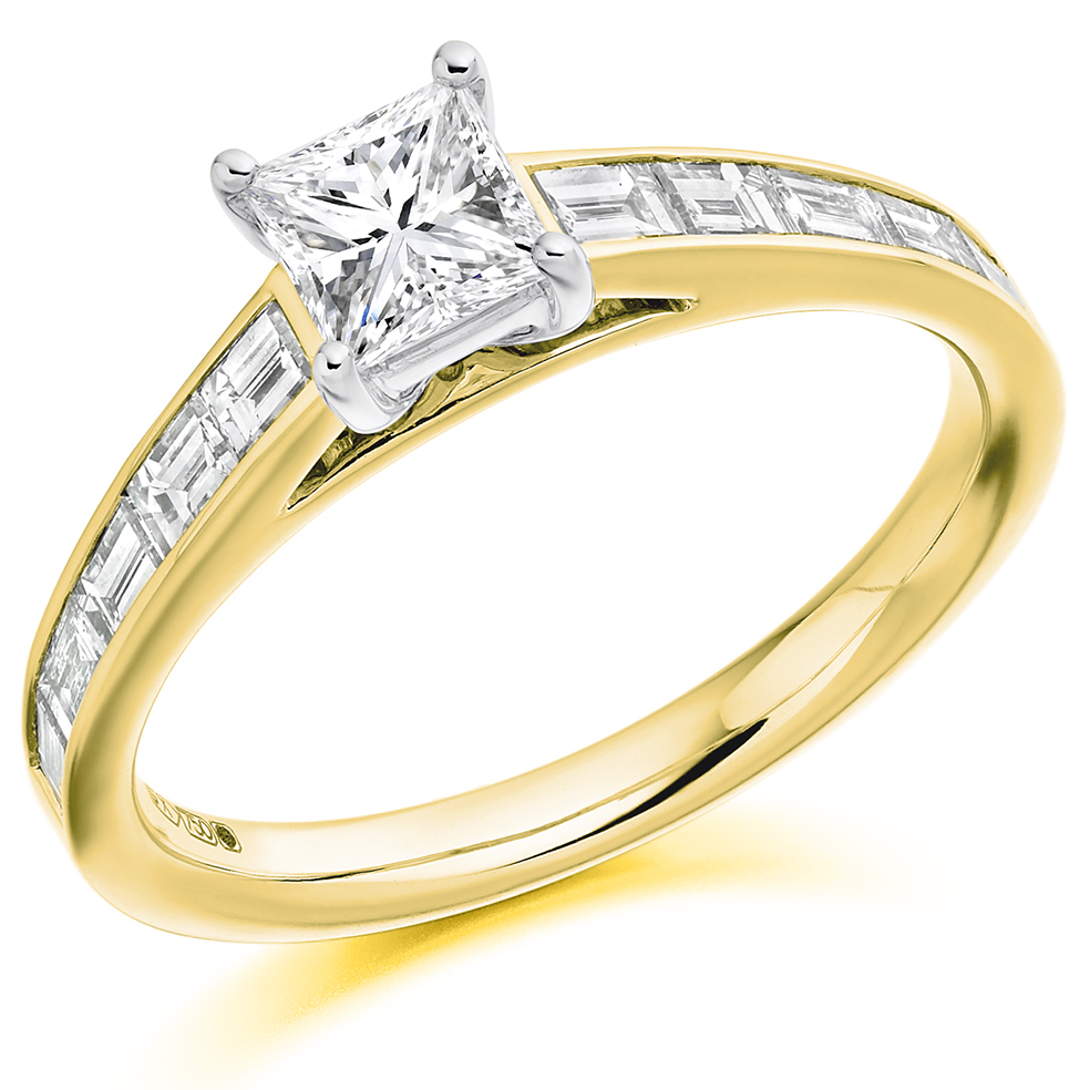 Image of Yellow Gold Princess Cut Solitaire with Diamond Set Shoulders Engagement Ring
