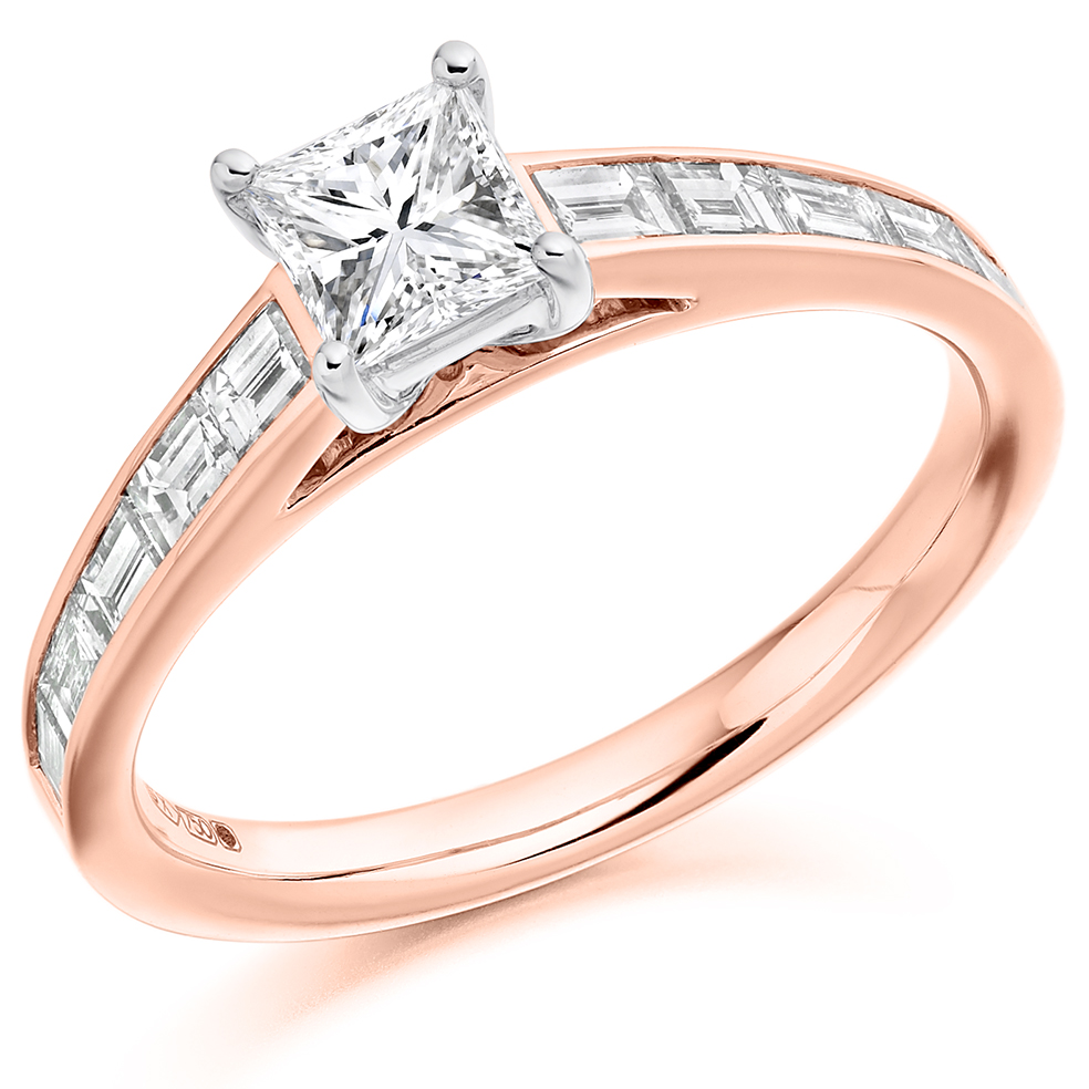 Image of Rose Gold Princess Cut Solitaire with Diamond Set Shoulders Engagement Ring