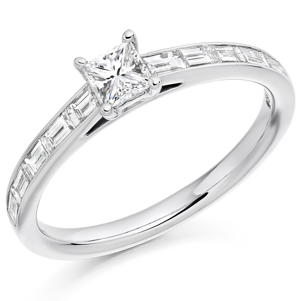 Image of White Gold Princess Cut Solitaire with Diamond Set Shoulders Engagement Ring