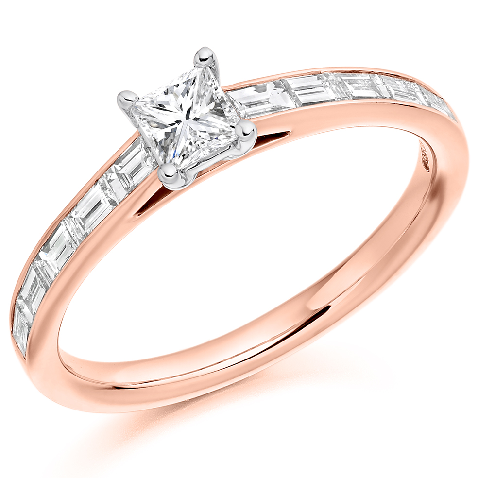 Image of Rose Gold Princess Cut Solitaire with Diamond Set Shoulders Engagement Ring