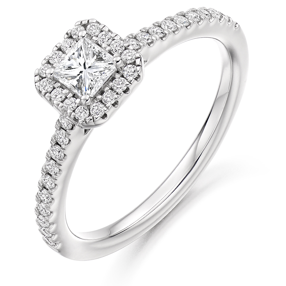 Image of White Gold Princess Cut Halo with Diamond Set Shoulders Engagement Ring