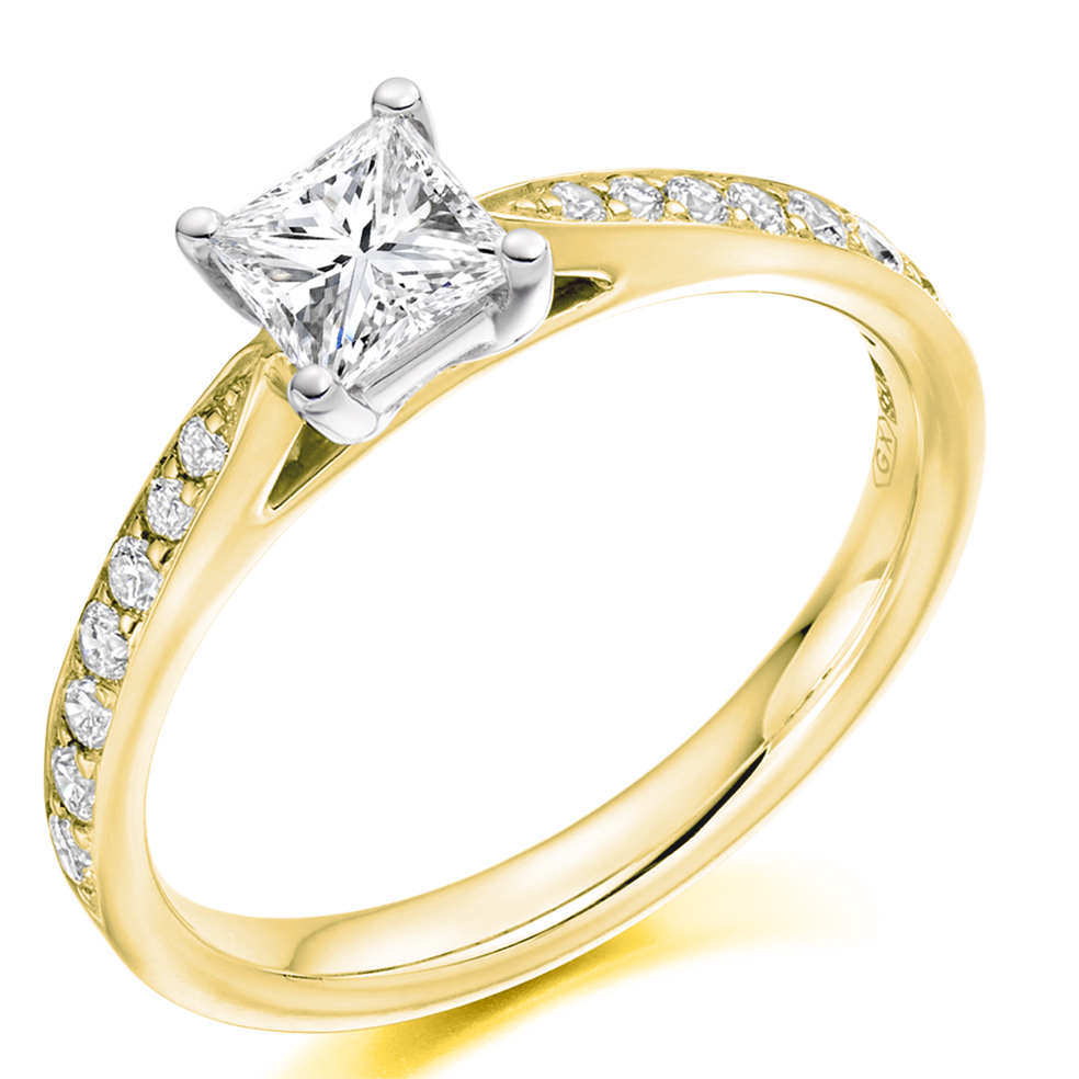 Image of Yellow Gold Princess Cut Solitaire with Diamond Set Shoulders Engagement Ring