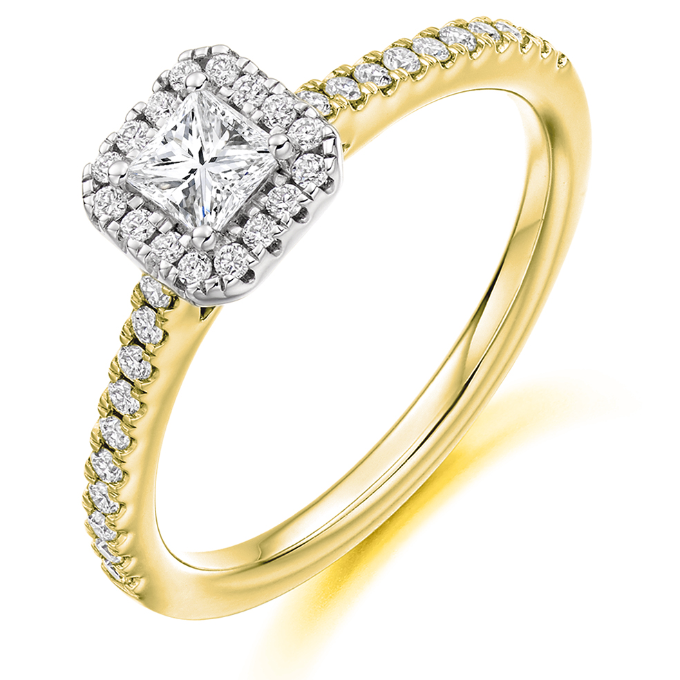 Image of Yellow Gold Princess Cut Halo with Diamond Set Shoulders Engagement Ring