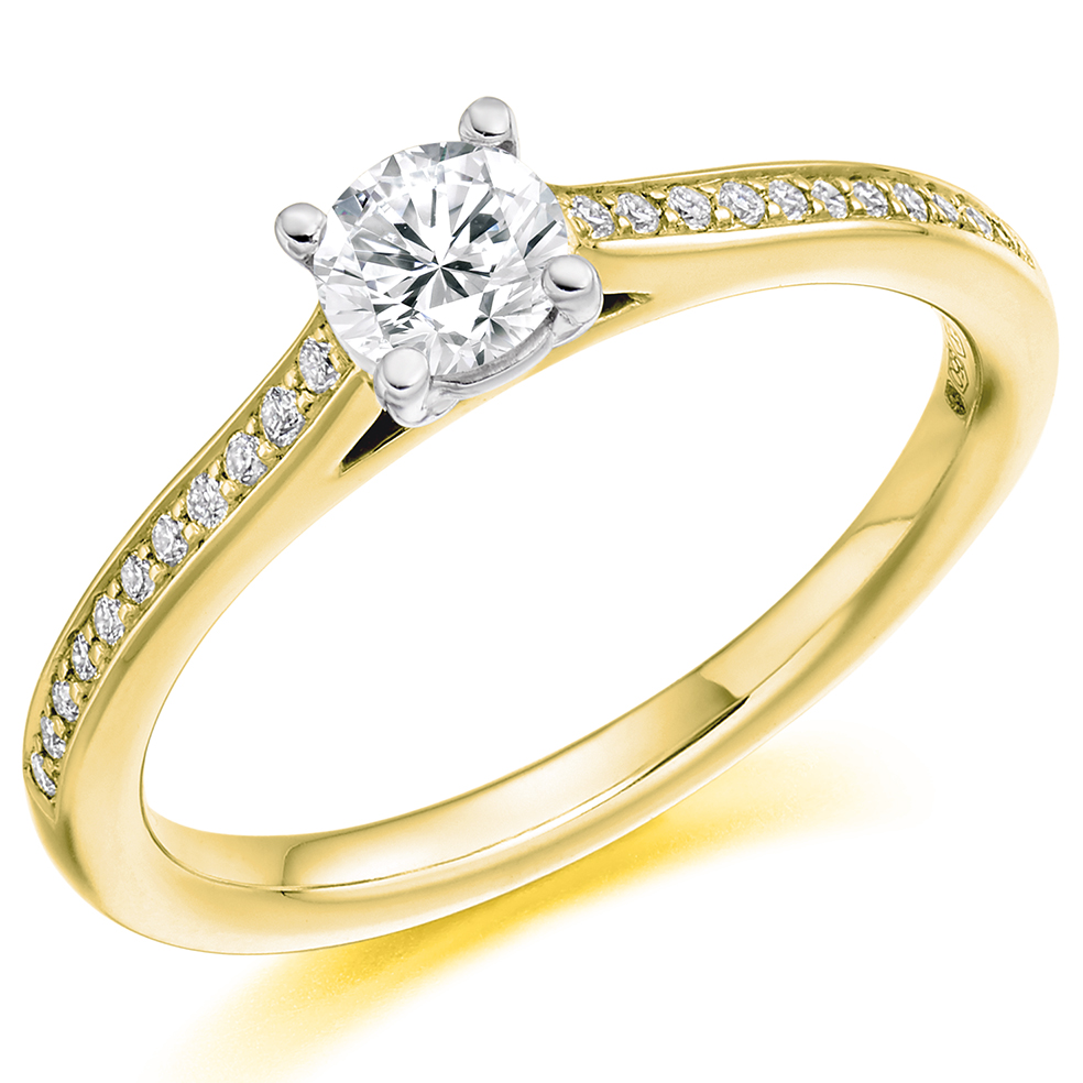 Image of Yellow Gold Round Brilliant Solitaire with Diamond Set Shoulders Engagement Ring