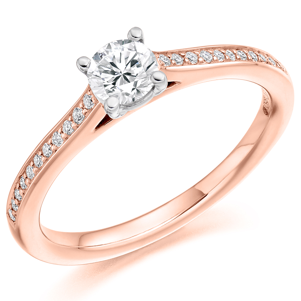 Image of Rose Gold Round Brilliant Solitaire with Diamond Set Shoulders Engagement Ring