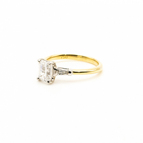 Image of 1.05ct Lab Grown Emerald Cut Diamond with Natural Tapered Baguette Diamond Outers Ring in Yellow Gold