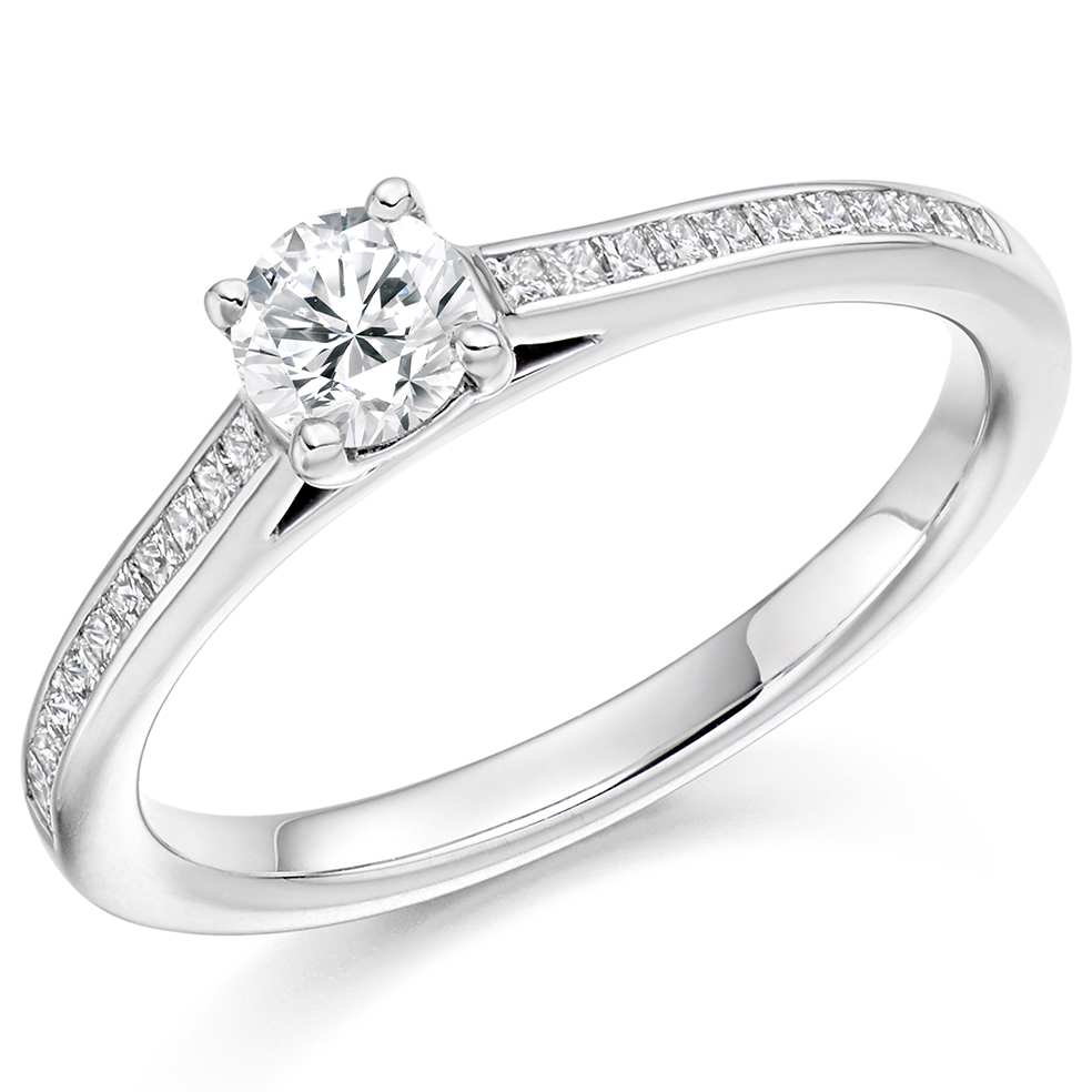 Image of Platinum Round Brilliant Solitaire with Diamond Set Shoulders Engagement Ring