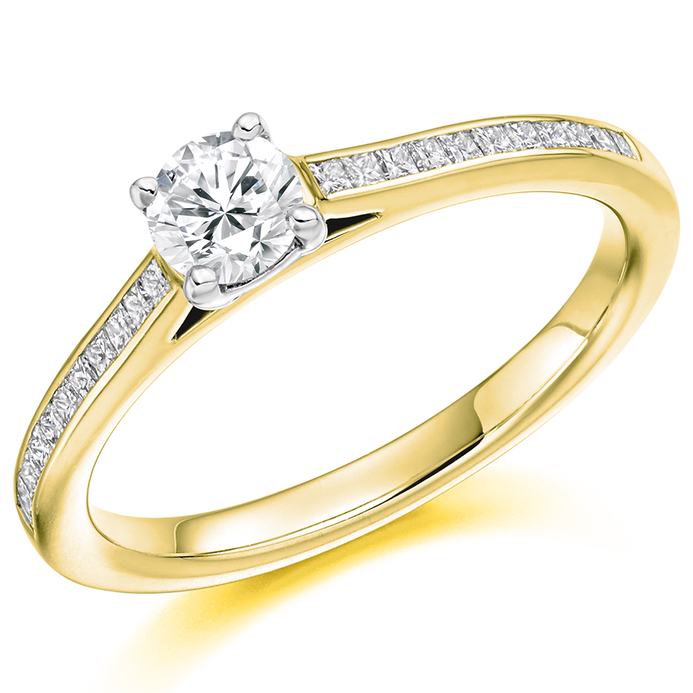 Image of Yellow Gold Round Brilliant Solitaire with Diamond Set Shoulders Engagement Ring