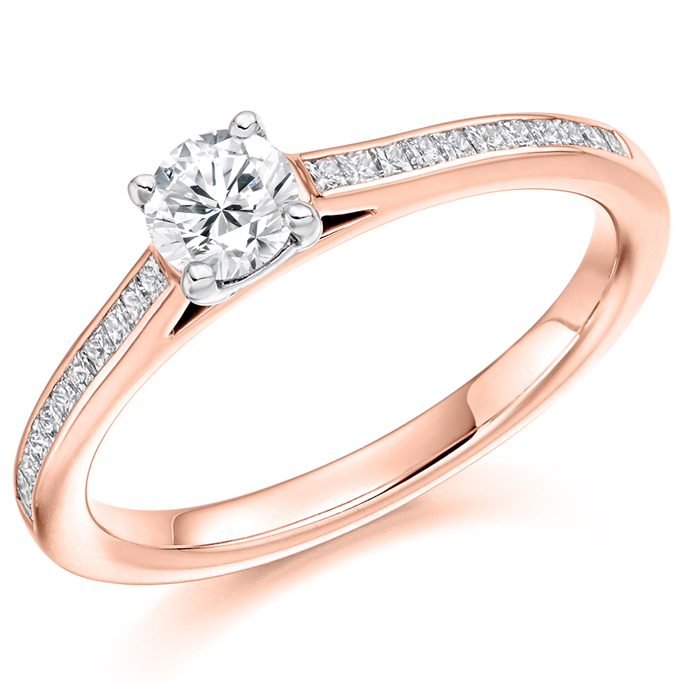 Image of Rose Gold Round Brilliant Solitaire with Diamond Set Shoulders Engagement Ring