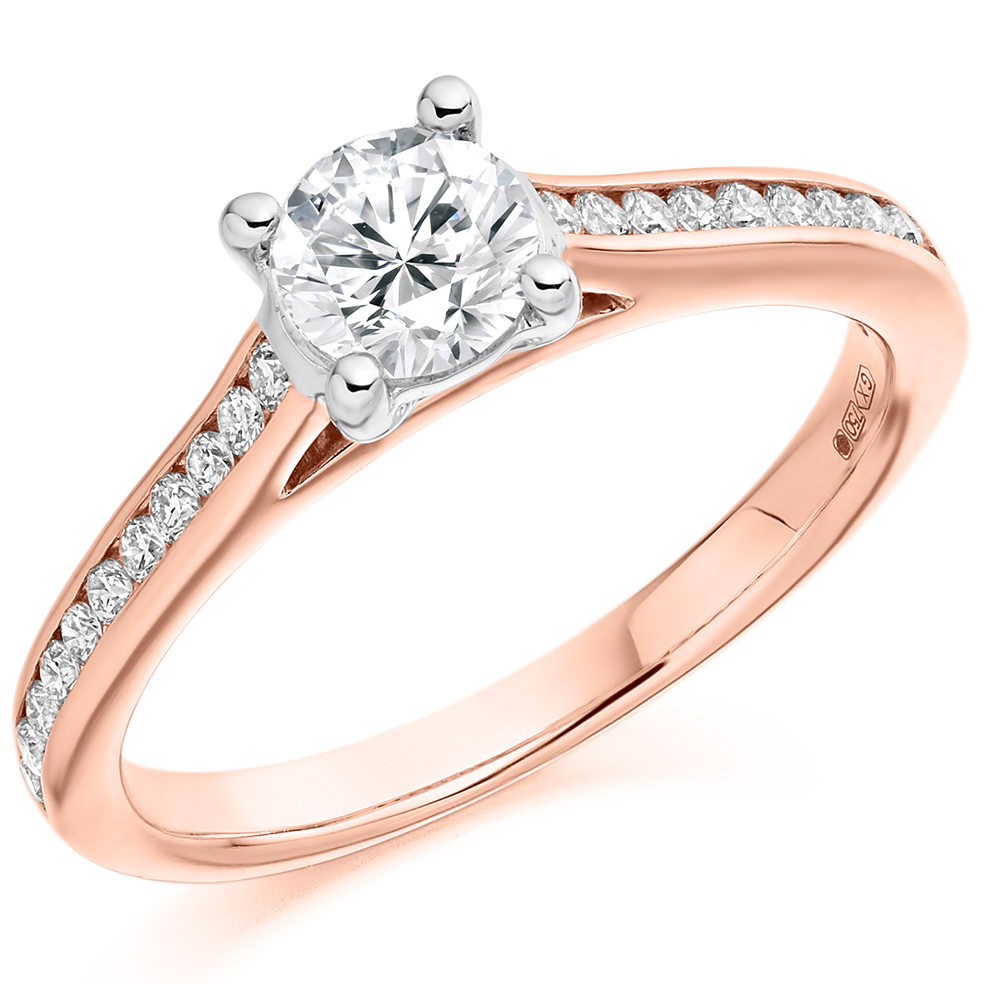 Image of Rose Gold Round Brilliant Solitaire with Diamond Set Shoulders Engagement Ring