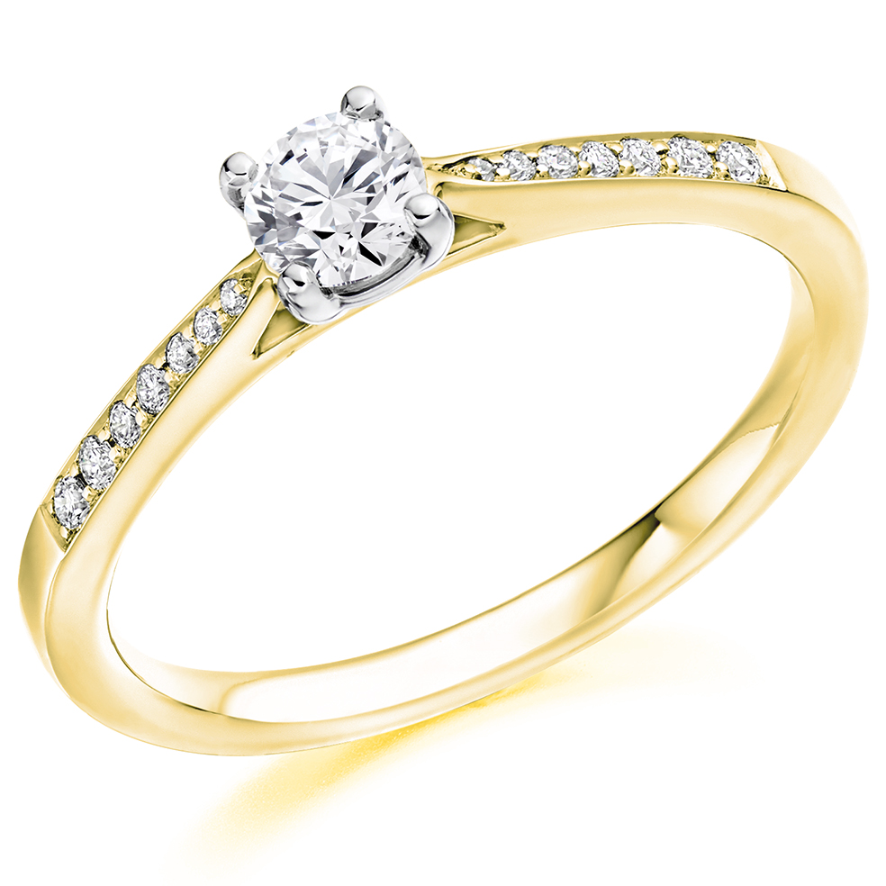 Image of Yellow Gold Round Brilliant Solitaire with Diamond Set Shoulders Engagement Ring
