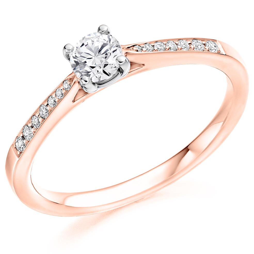 Image of Rose Gold Round Brilliant Solitaire with Diamond Set Shoulders Engagement Ring