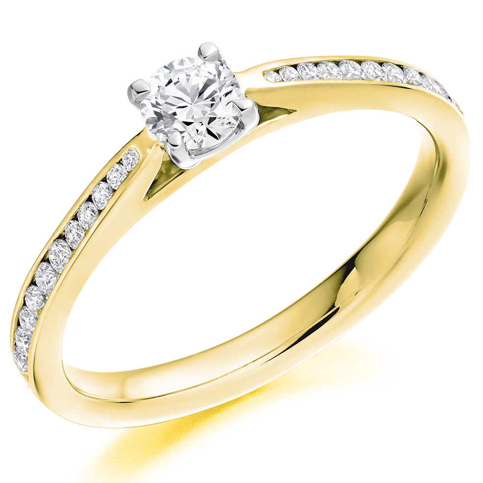 Image of Yellow Gold Round Brilliant Solitaire with Diamond Set Shoulders Engagement Ring