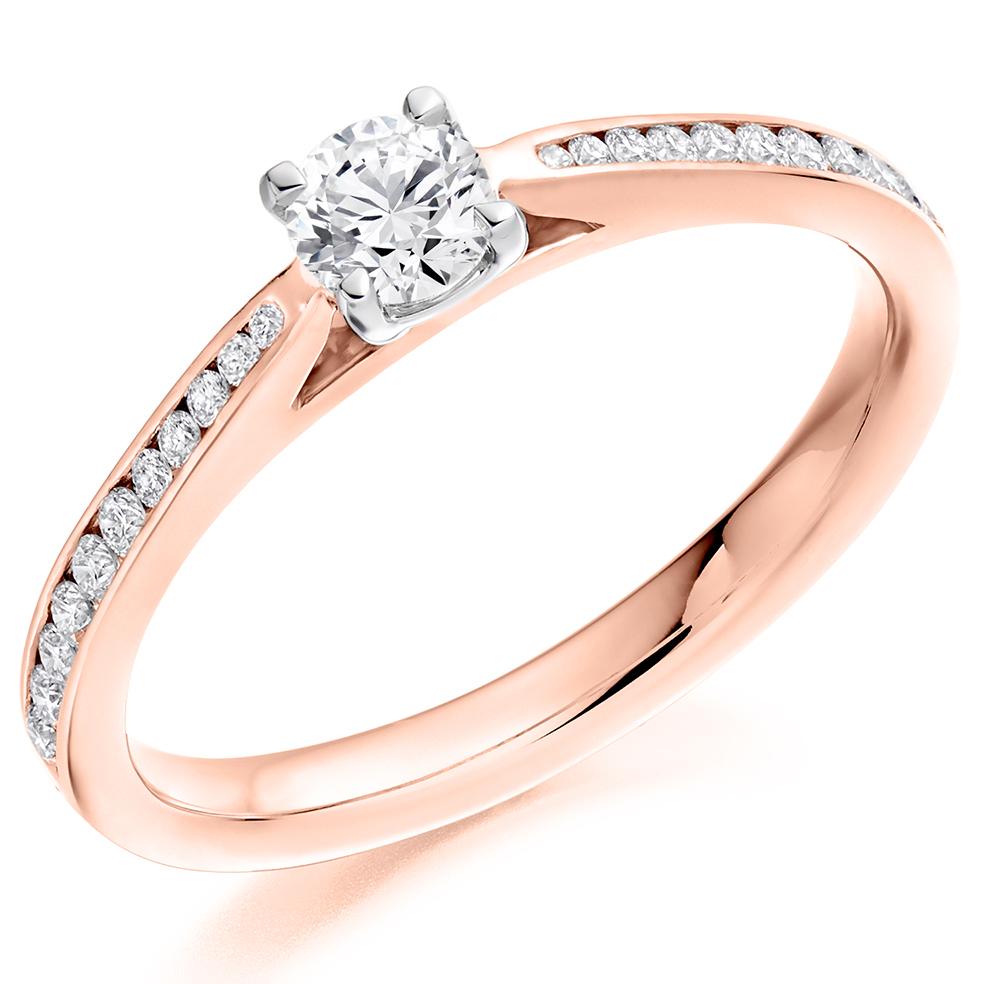 Image of Rose Gold Round Brilliant Solitaire with Diamond Set Shoulders Engagement Ring