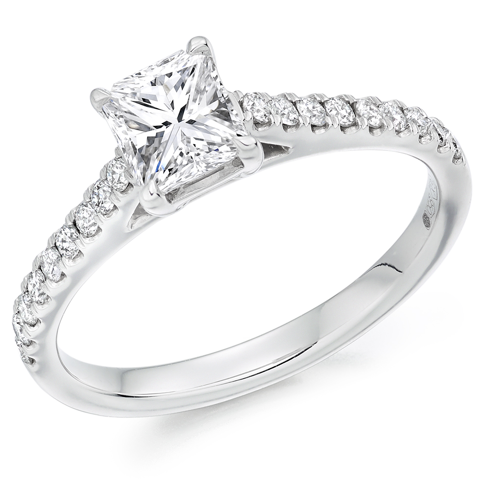 Radiant Cut Solitaire with Diamond Set Shoulders Engagement Ring Image