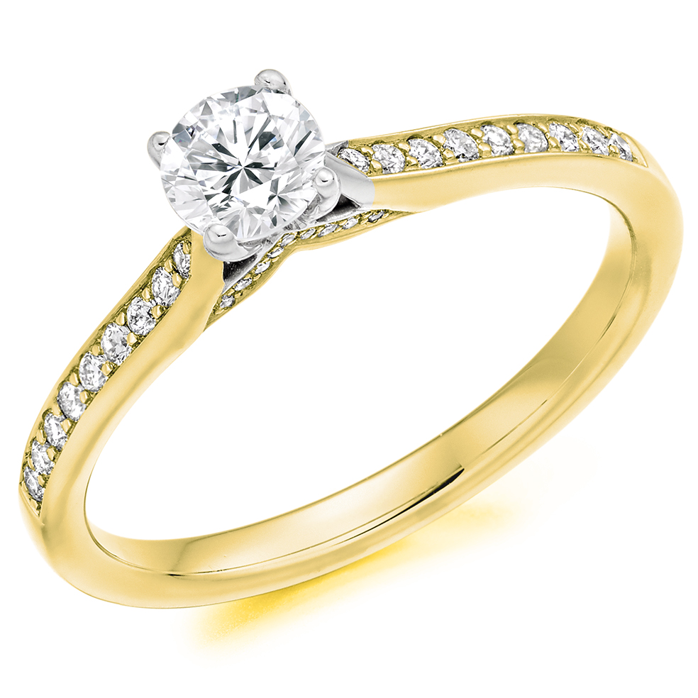 Image of Yellow Gold Round Brilliant Solitaire with Diamond Set Shoulders Engagement Ring