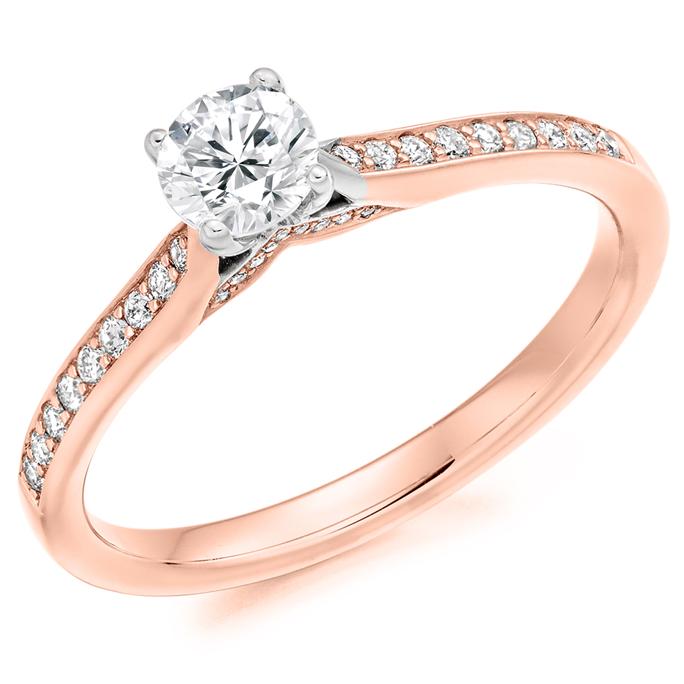 Image of Rose Gold Round Brilliant Solitaire with Diamond Set Shoulders Engagement Ring