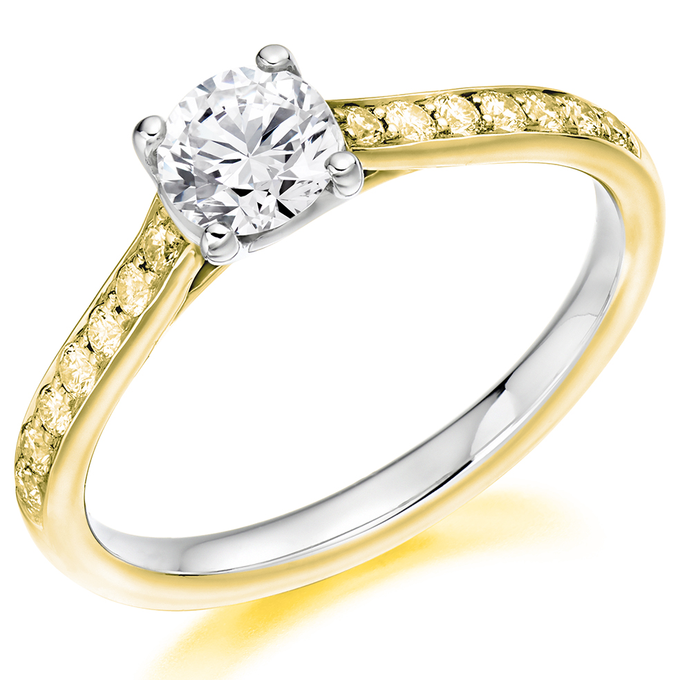 Image of Yellow Gold Round Brilliant Solitaire with Diamond Set Shoulders Engagement Ring