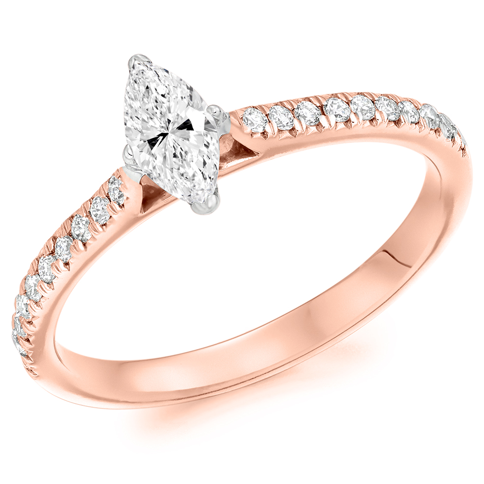 Image of Rose Gold Marquise Cut Solitaire with diamond Set Shoulders Engagement Ring