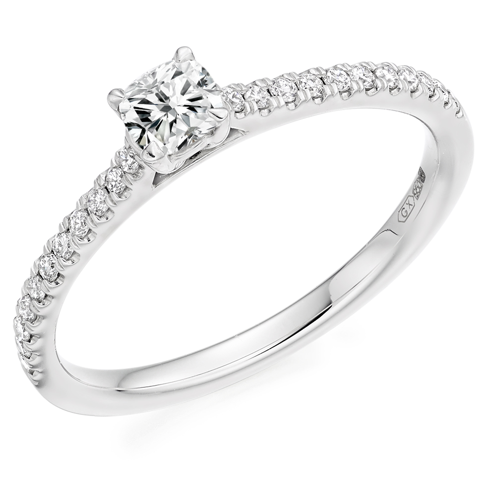 Image of Platinum Cushion Cut Solitaire with Diamond Set Shoulders Engagement Ring