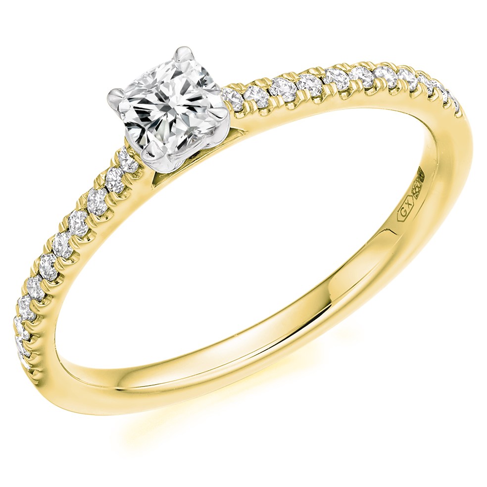 Image of Yellow Gold Cushion Cut Solitaire with Diamond Set Shoulders Engagement Ring