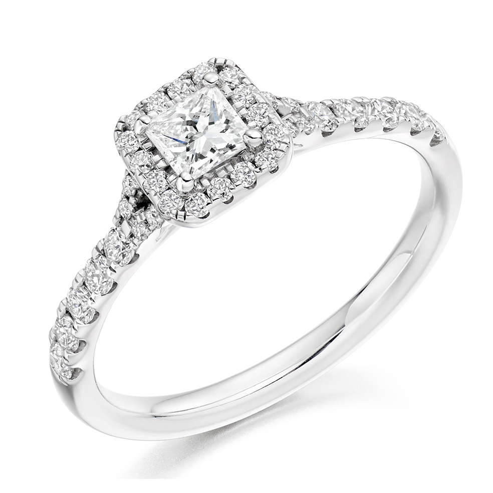Image of White Gold Princess Cut Halo with Diamond Set Shoulders Split Shoulders Engagement Ring