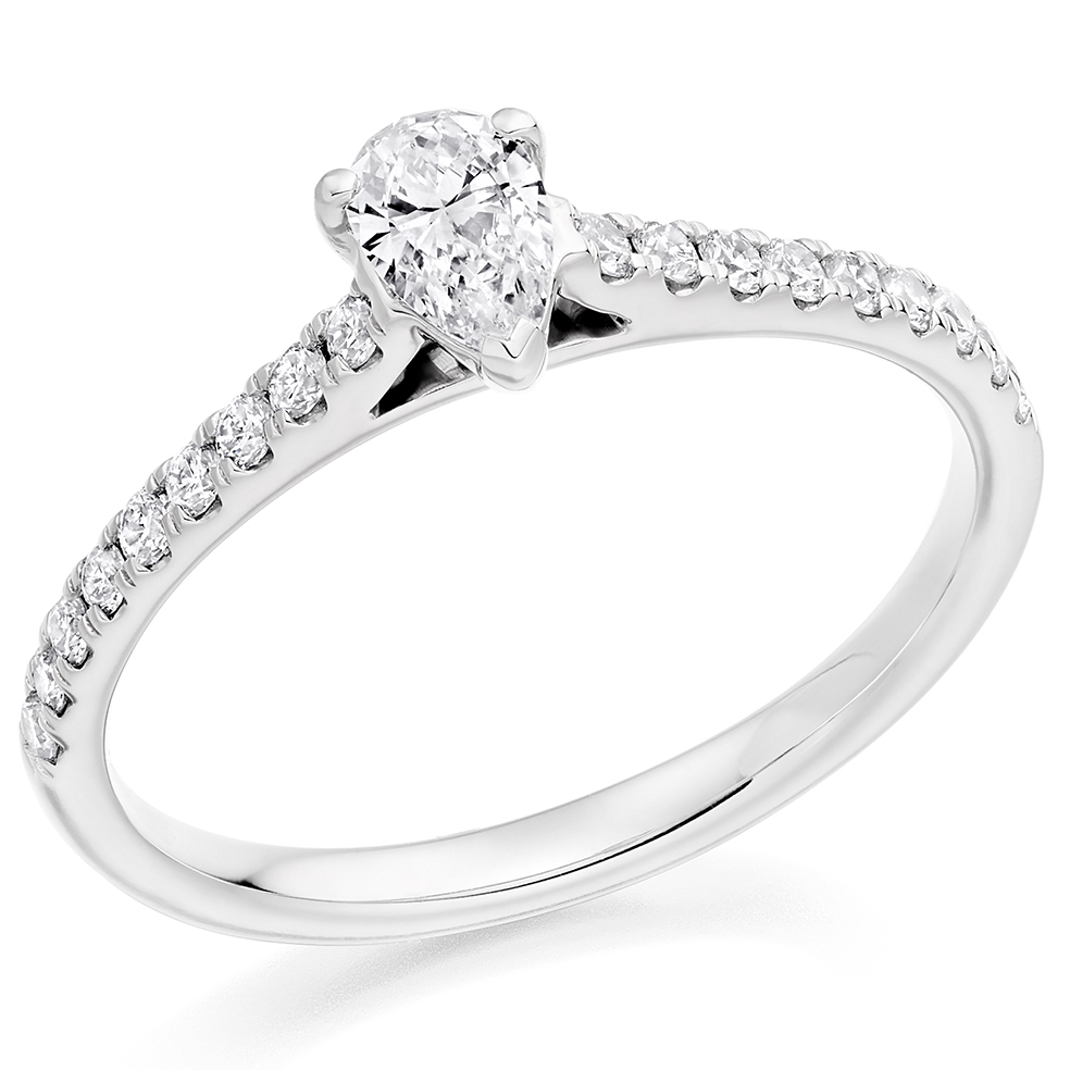 Image of Platinum Pear Cut Solitaire with Diamond Set Shoulders Engagement Ring