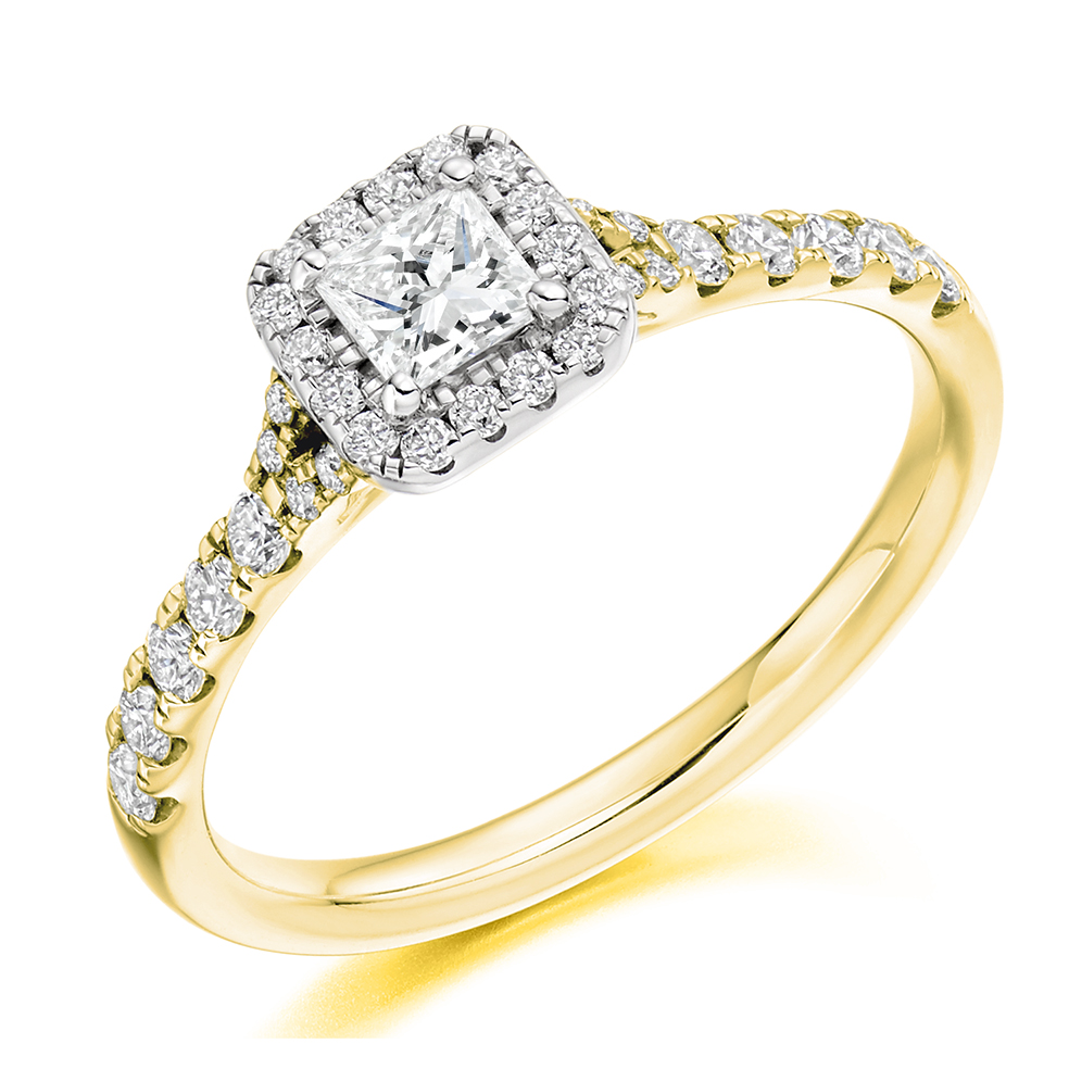 Image of Yellow Gold Princess Cut Halo with Diamond Set Shoulders Split Shoulders Engagement Ring