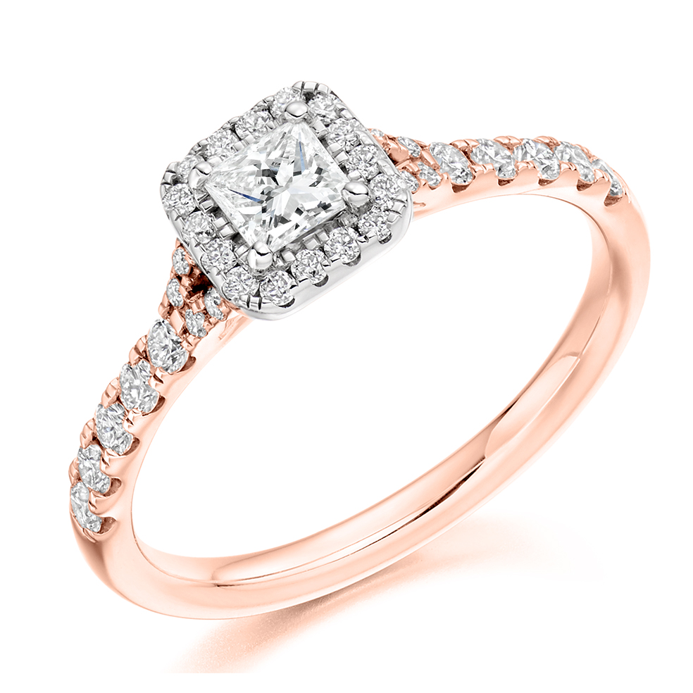 Image of Rose Gold Princess Cut Halo with Diamond Set Shoulders Split Shoulders Engagement Ring