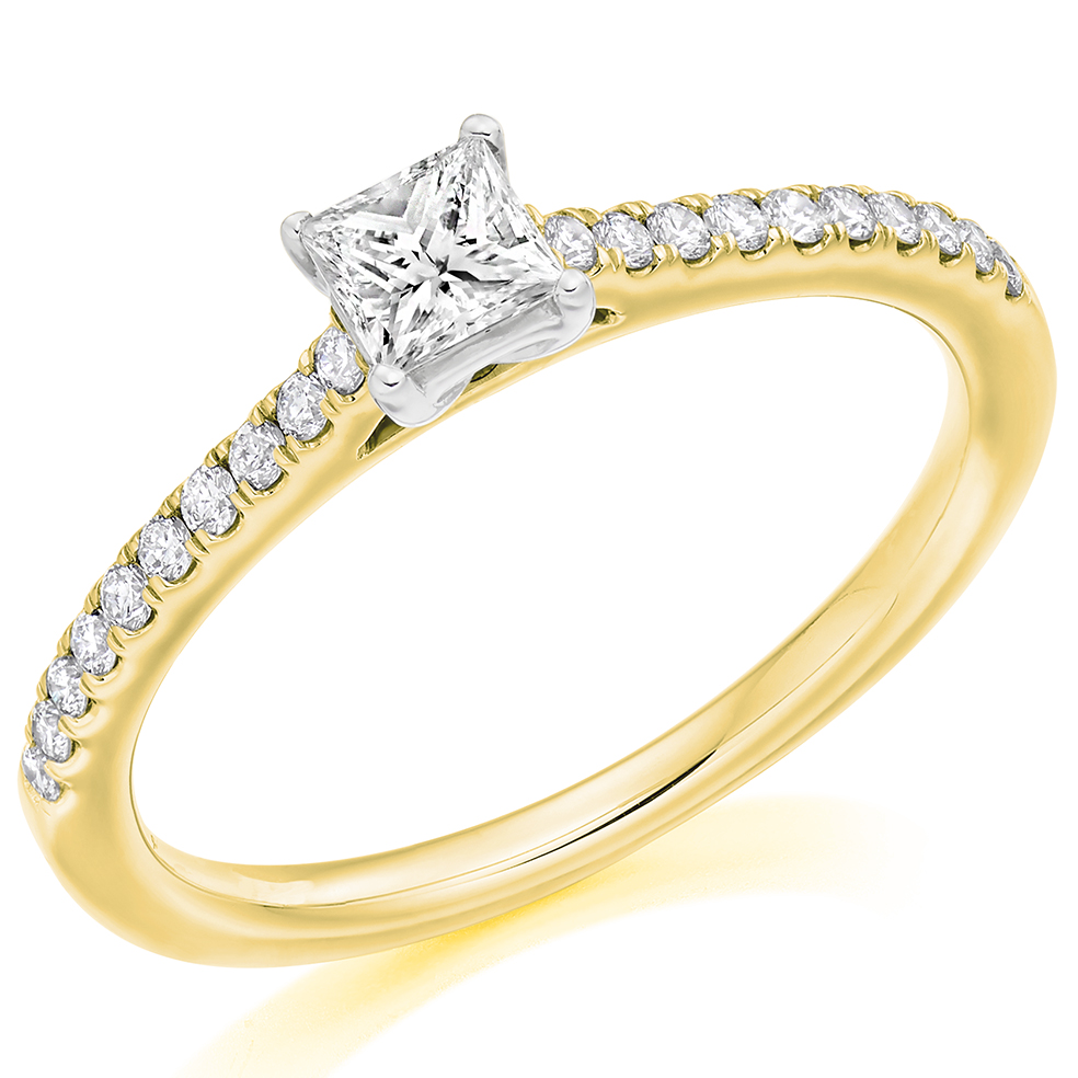 Image of Yellow Gold Princess Cut Solitaire with Diamond Set Shoulders Engagement Ring