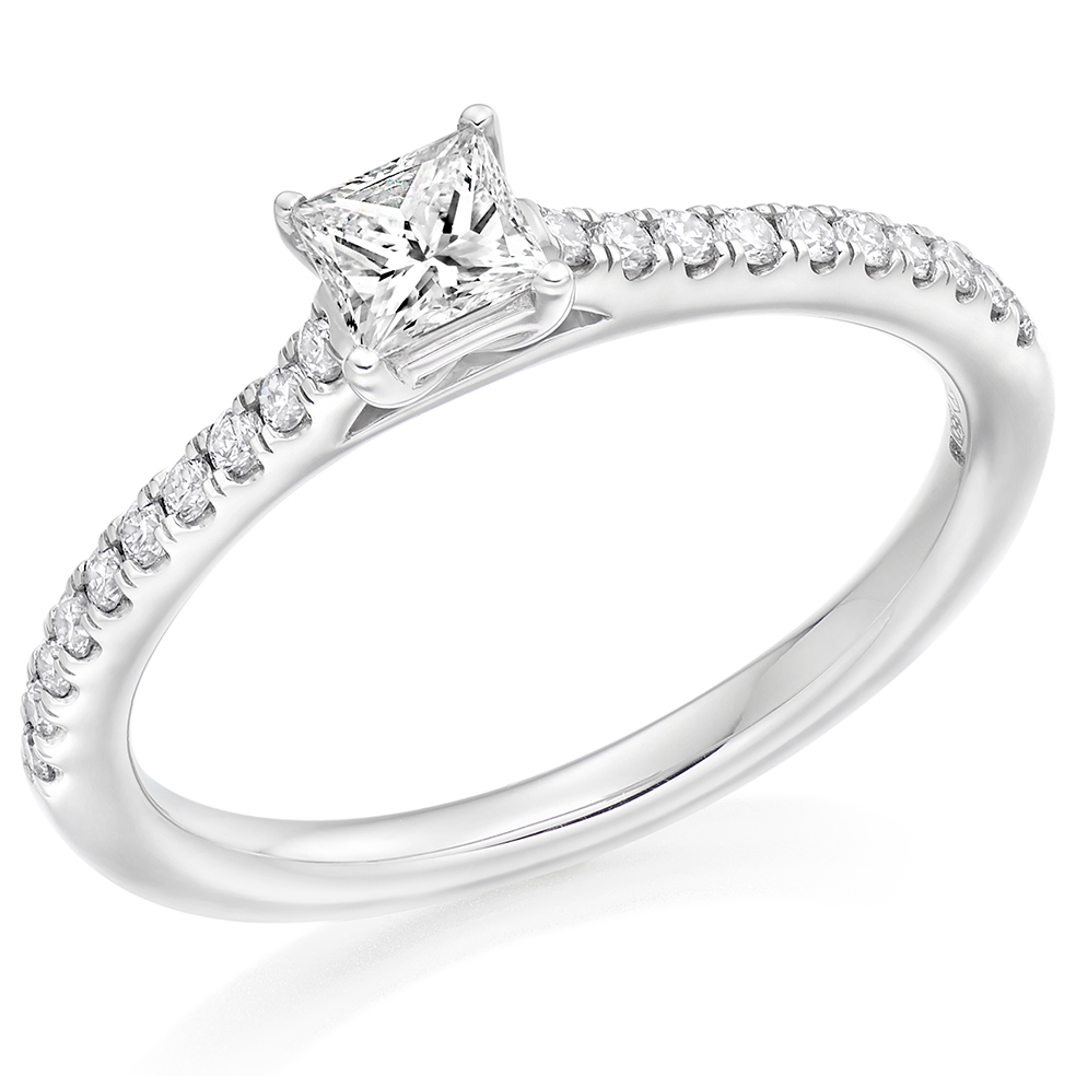 Image of White Gold Princess Cut Solitaire with Diamond Set Shoulders Engagement Ring