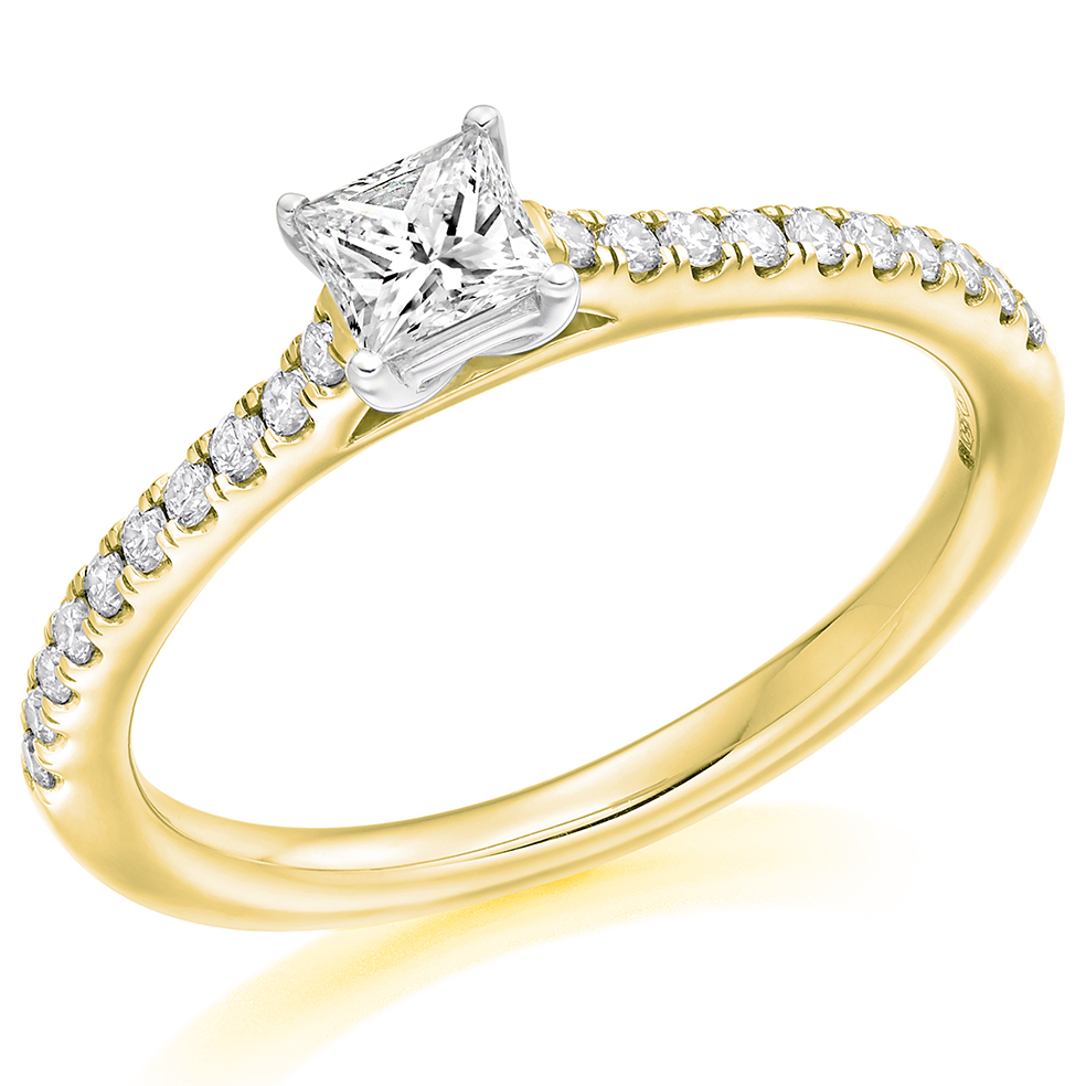 Image of Yellow Gold Princess Cut Solitaire with Diamond Set Shoulders Engagement Ring