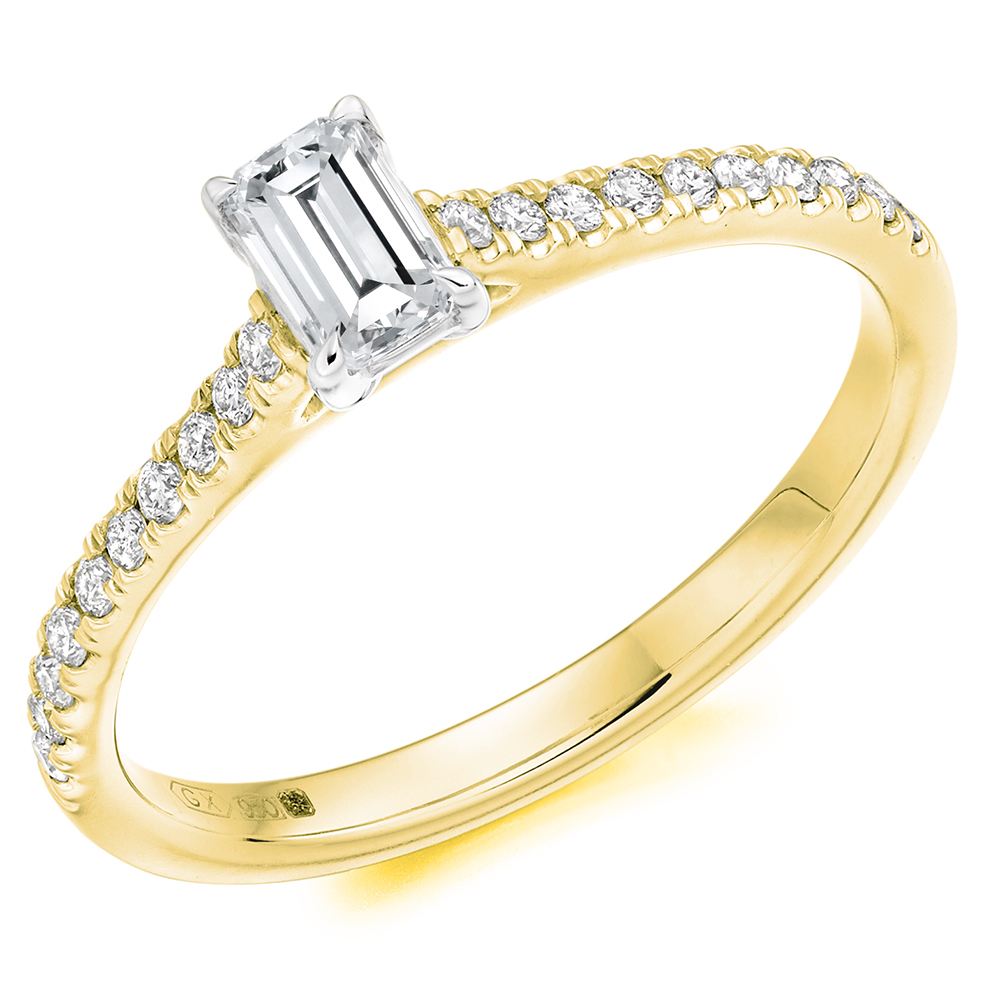 Image of Yellow Gold Emerald Cut Solitaire with Diamond Set Shoulders Engagement Ring