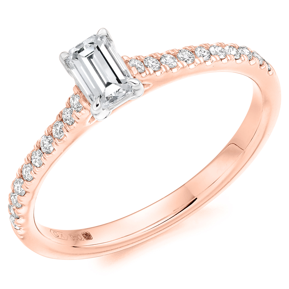 Image of Rose Gold Emerald Cut Solitaire with Diamond Set Shoulders Engagement Ring