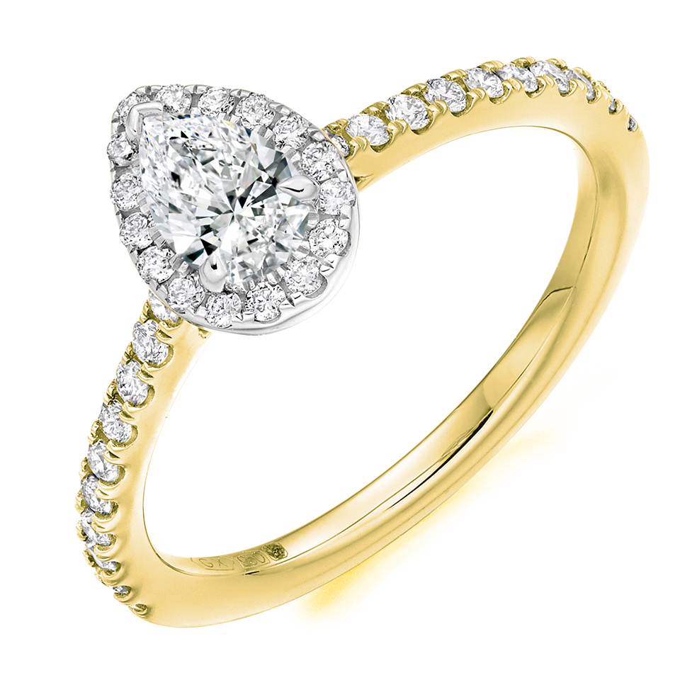 Image of Yellow Gold Pear Cut Halo with Diamond Set Shoulders Engagement Ring